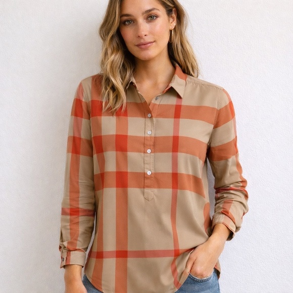 Burberry Tops - BURBERRY BRIT Checkered Blouse - Red, Orange and Tan